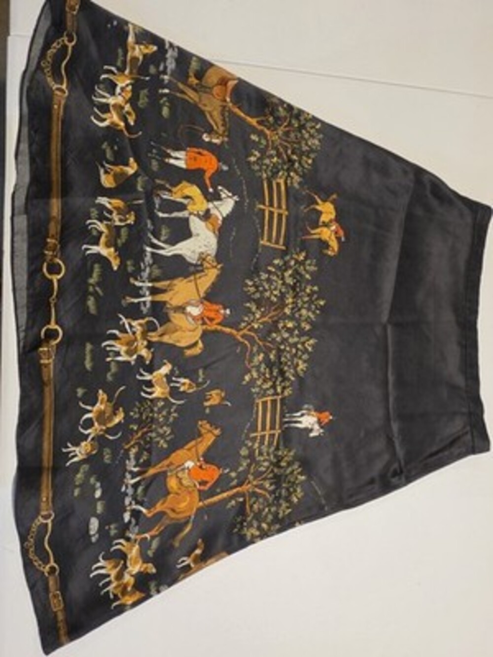 J.CREW Black Silk Satin Equestrian Horse/Animal Print A-Line Knee Skirt 6 Zip - Picture 2 of 5
